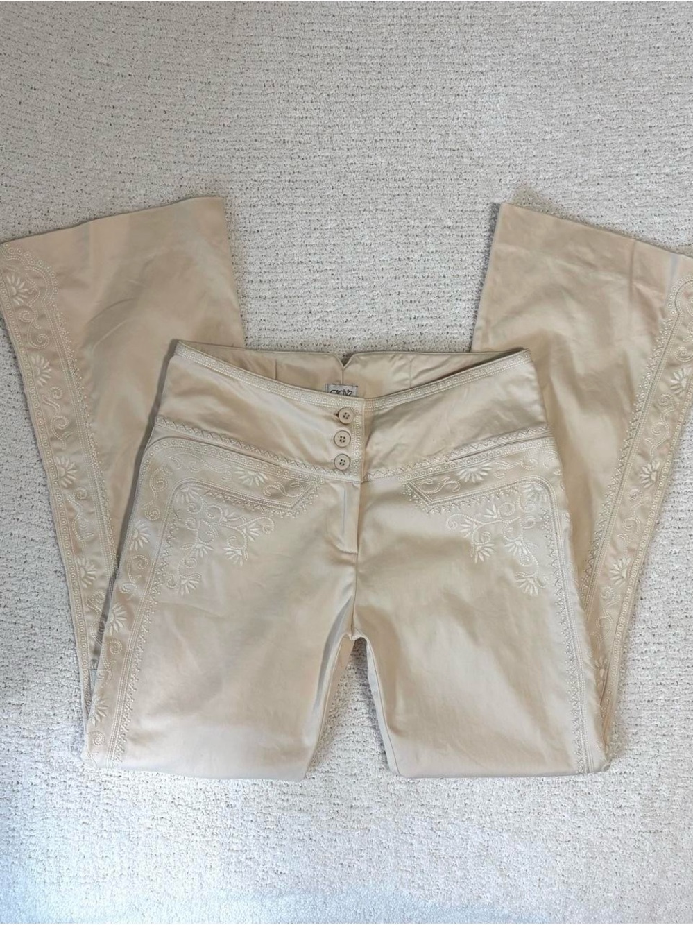 Vintage Cache embroidered low rise flare lace up pants